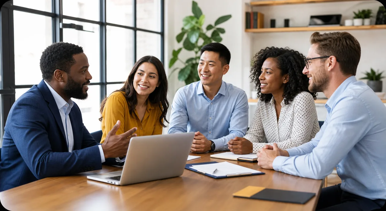 Business owners discussing employee benefits around a meeting table
