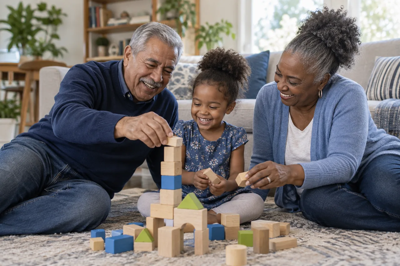 Grandparents building with colorful blocks alongside their granddaughter
