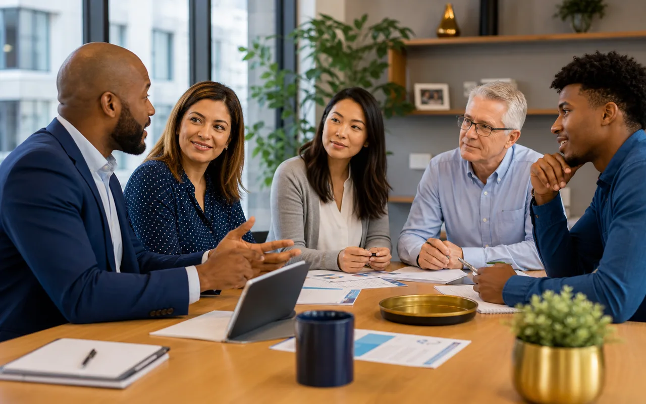 Employees taking part in a workplace benefits conversation