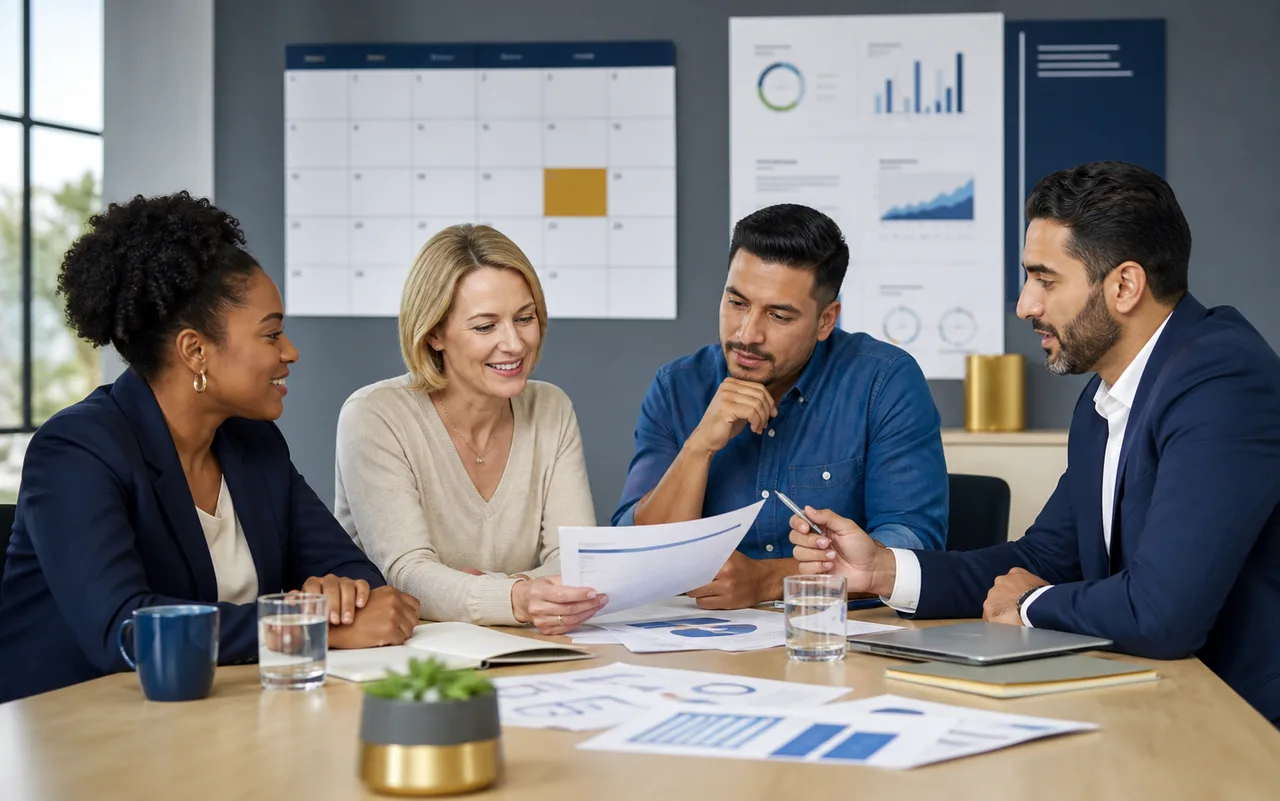 Colleagues reviewing health plan information in a business meeting